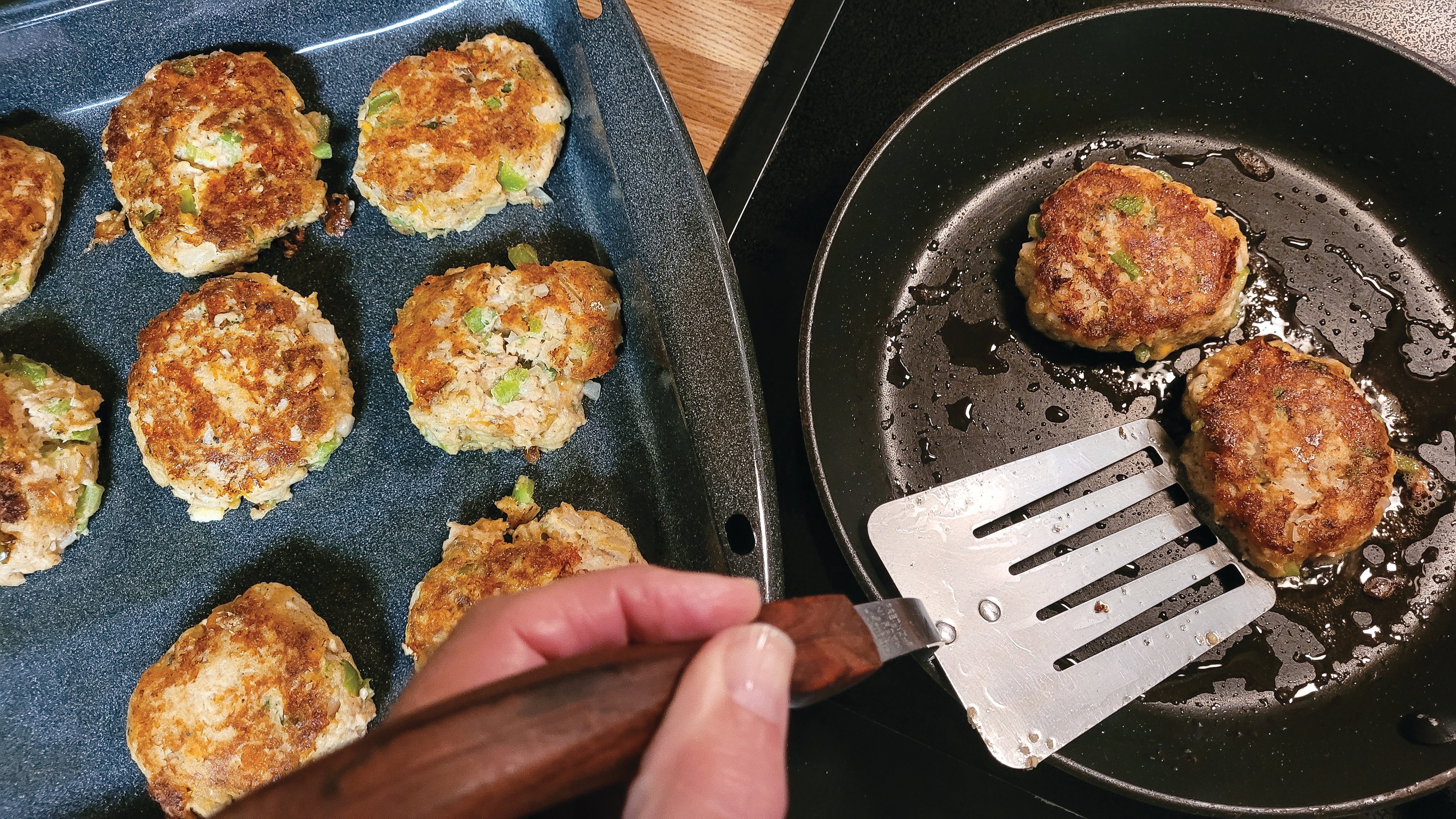 cooking-salmon-patties-on-top-of-stove
