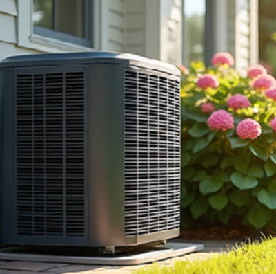 Outdoor Heating and Air Unit with Hydrangeas